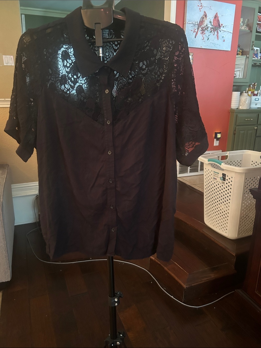 Floral Skull Lace Yoke Button-Up Women's Top